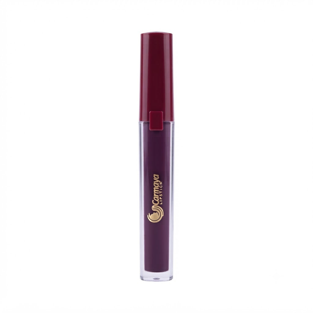 Labial líquido con un empaque transparente que muestra un tono burdeos profundo.