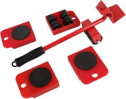 Juego de herramientas para mover muebles de 5 piezas incluye una palanca elevadora y cuatro bases deslizantes con ruedas.