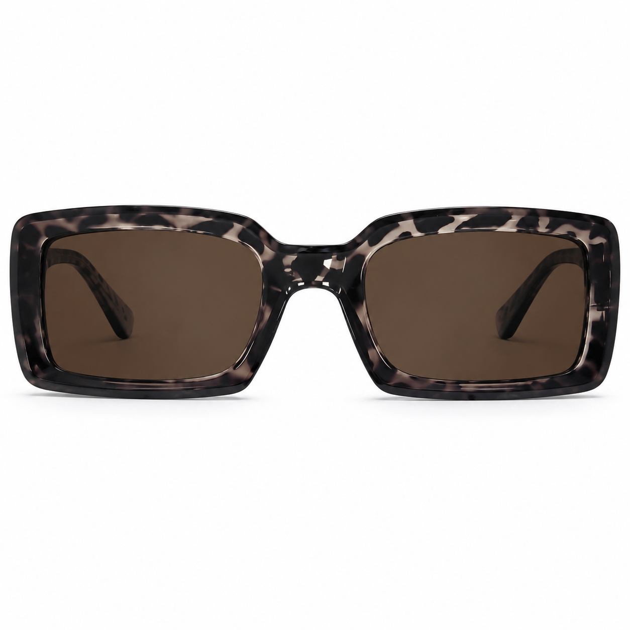 Gafas de sol rectangulares con montura carey gris y lentes marrones.