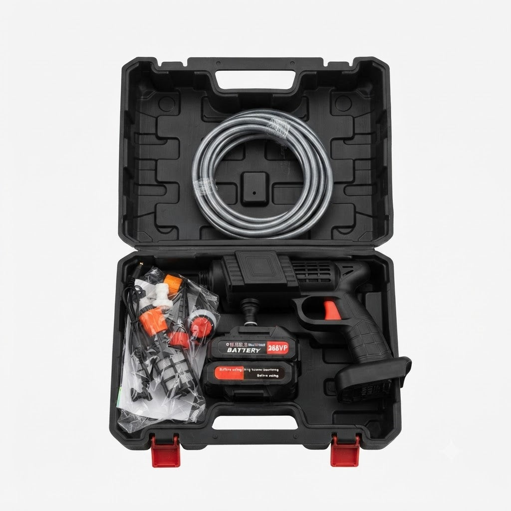 Kit portátil incluye una pistola lavadora a presión, manguera, cargador y dos baterías.
