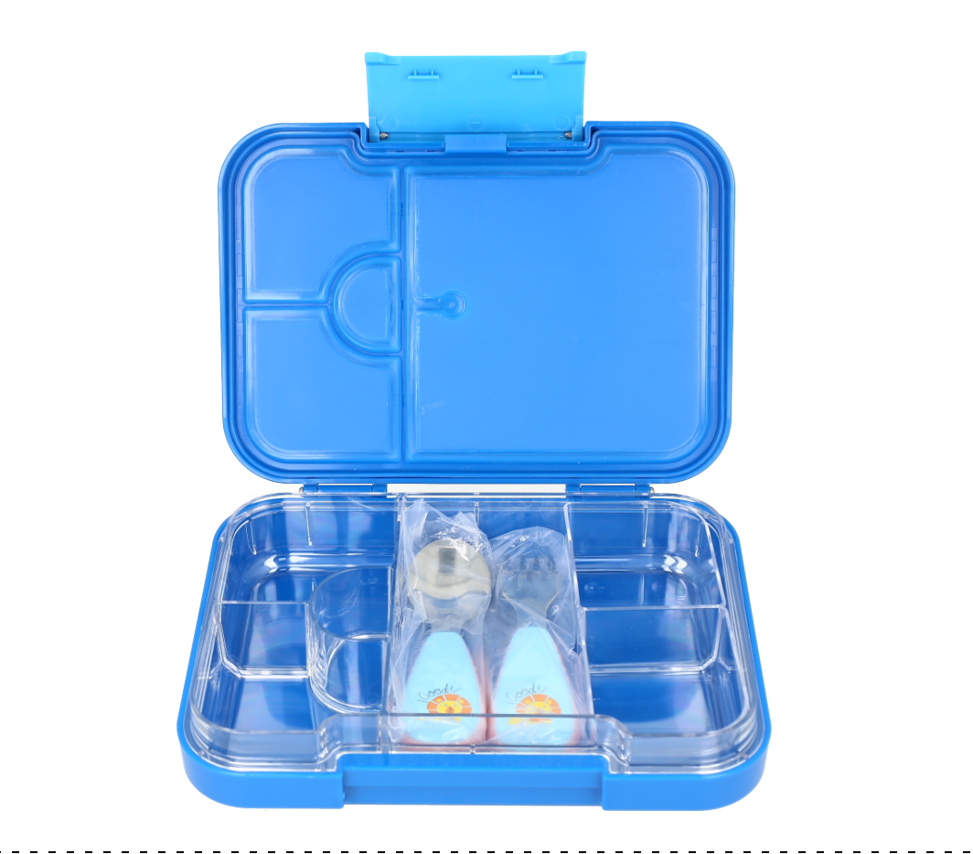 Lonchera azul tipo bento con múltiples compartimentos para niños.