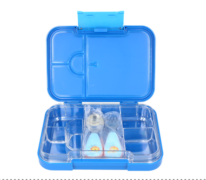 Lonchera azul tipo bento con múltiples compartimentos para niños.