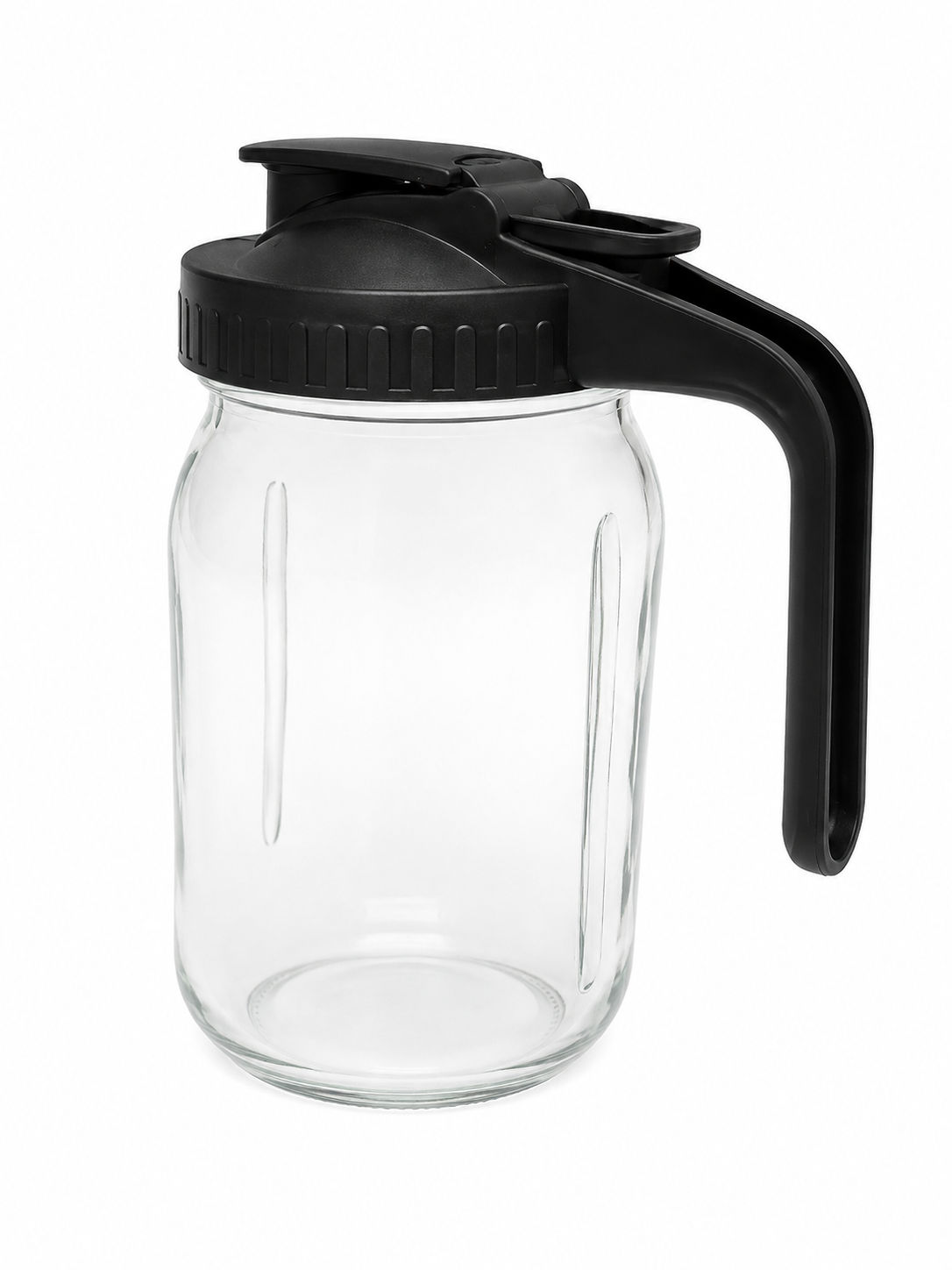 Jarra de vidrio transparente con tapa dispensadora y asa ergonómica negra.