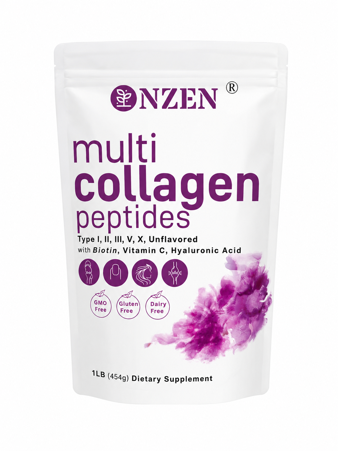 Péptidos de Colágeno Multitipo en Polvo con Biotina, Vitamina C y Ácido Hialurónico, 1 lb.