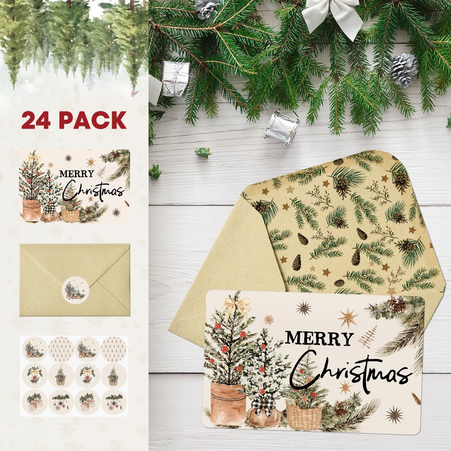 Set de 24 Tarjetas de agradecimiento de Feliz Navidad Cesta Árbol de Navidad Tarjetas de felicitación Regalo con sobre Adhesivo.