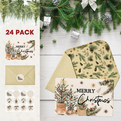 Set de 24 Tarjetas de agradecimiento de Feliz Navidad Cesta Árbol de Navidad Tarjetas de felicitación Regalo con sobre Adhesivo.