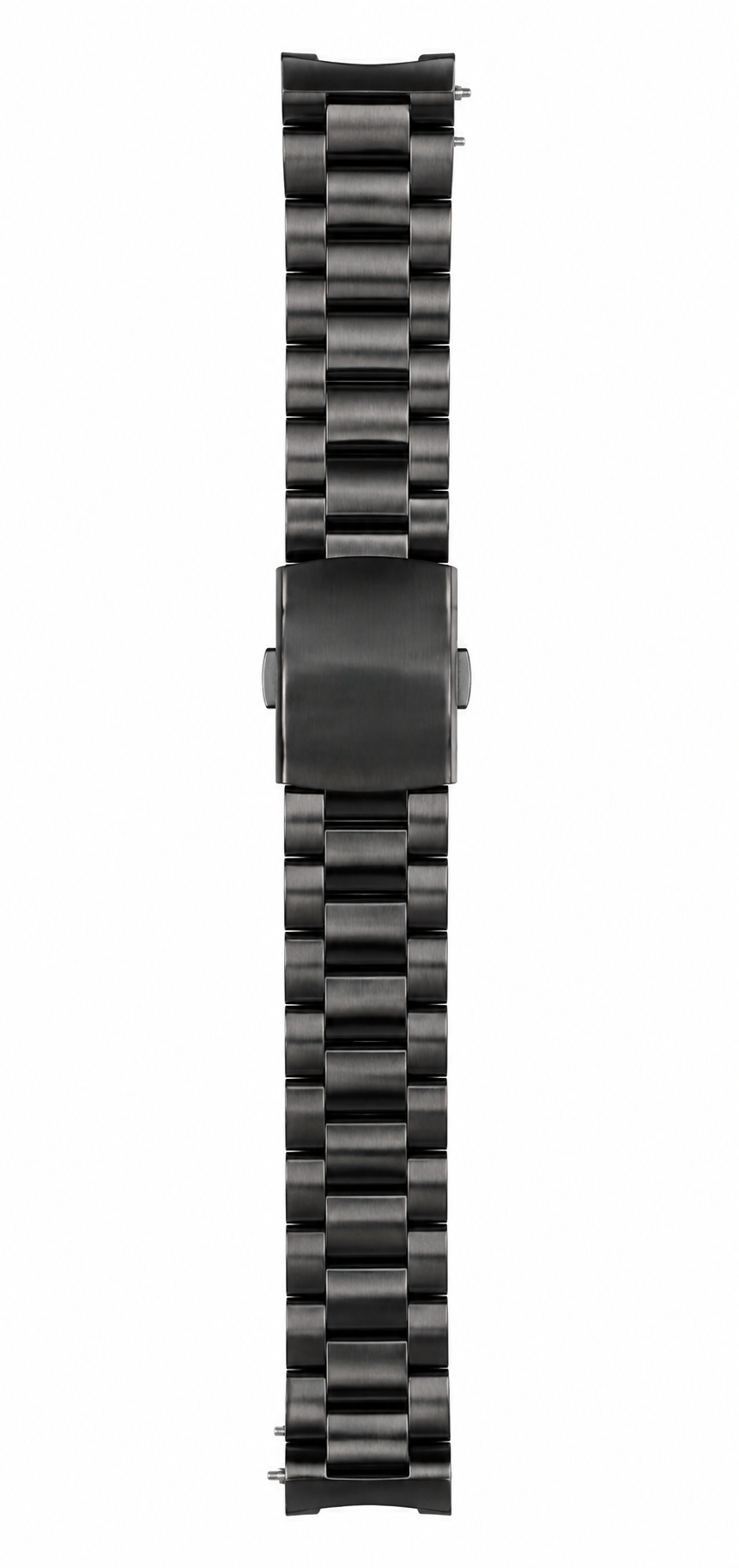 Correa de reloj negra con eslabones y cierre plegable.