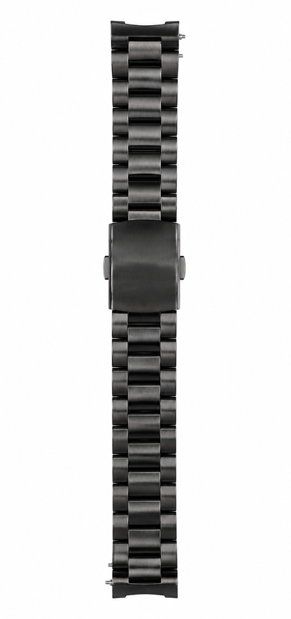 Correa de reloj negra con eslabones y cierre plegable.