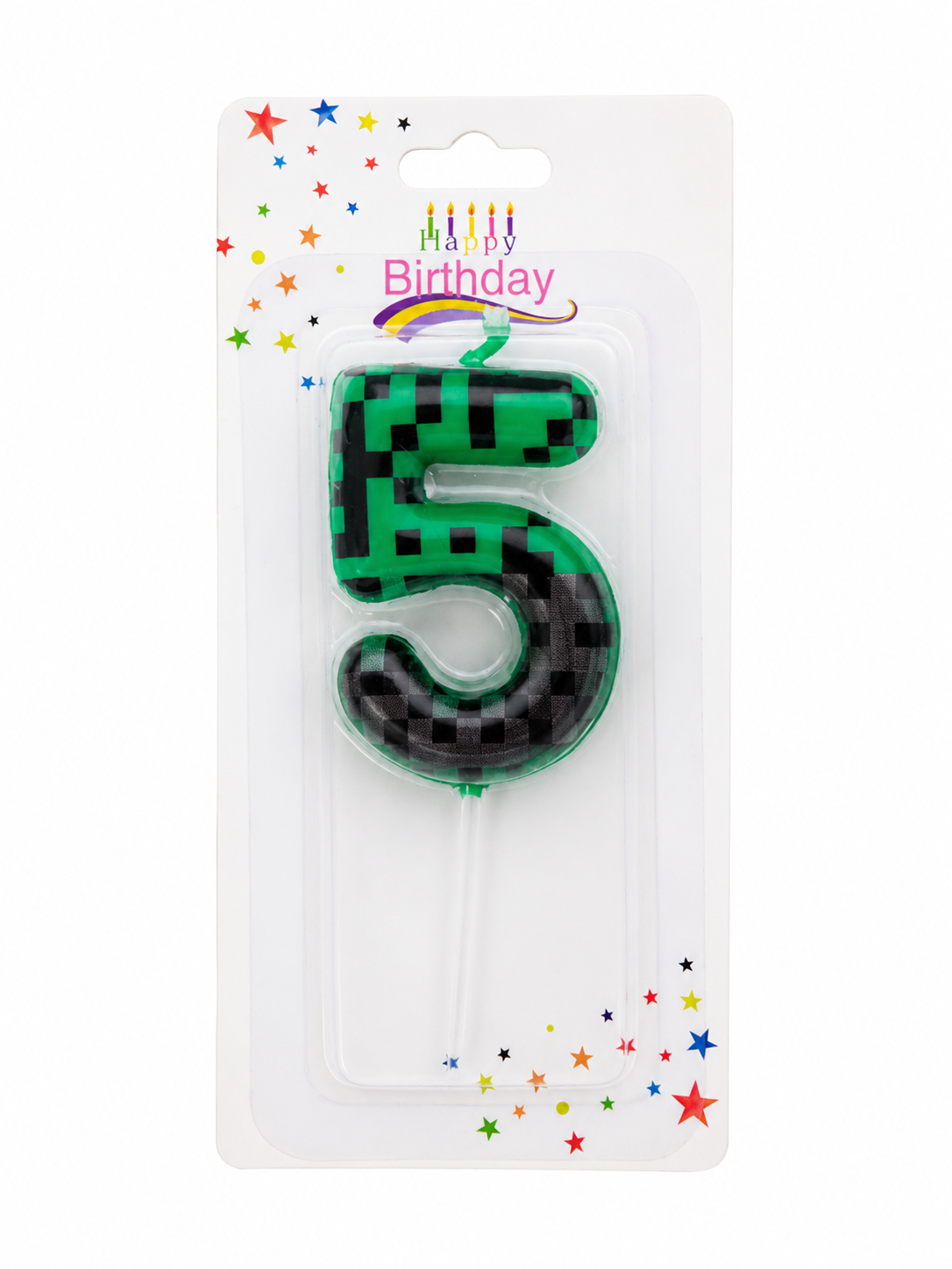Vela de cumpleaños número 5 con diseño pixelado verde y negro.