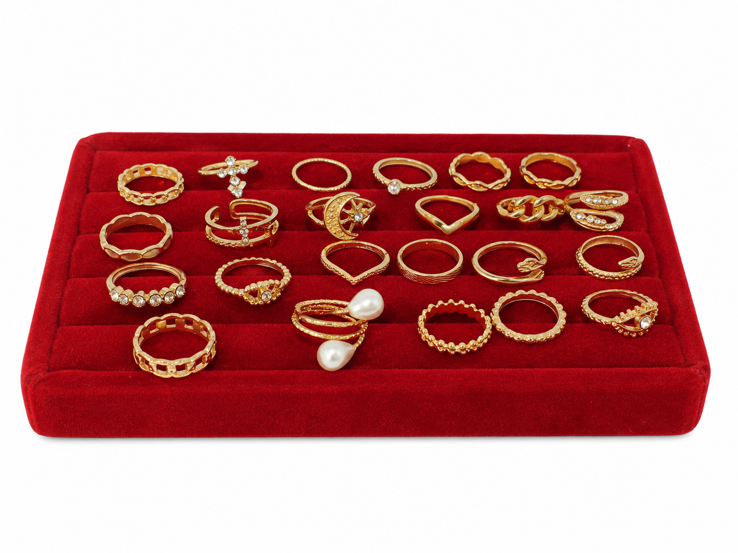 Set de Anillos Dorados para Mujer con Cristales y Perlas – Colección Elegante de Moda Minimalista.