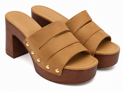 Sandalias de plataforma con tacón ancho color camel para mujer, talla 8.