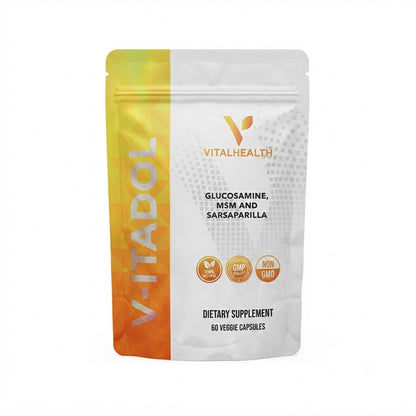 Suplemento dietético V-Itadol viene en un envase con 60 cápsulas vegetarianas.