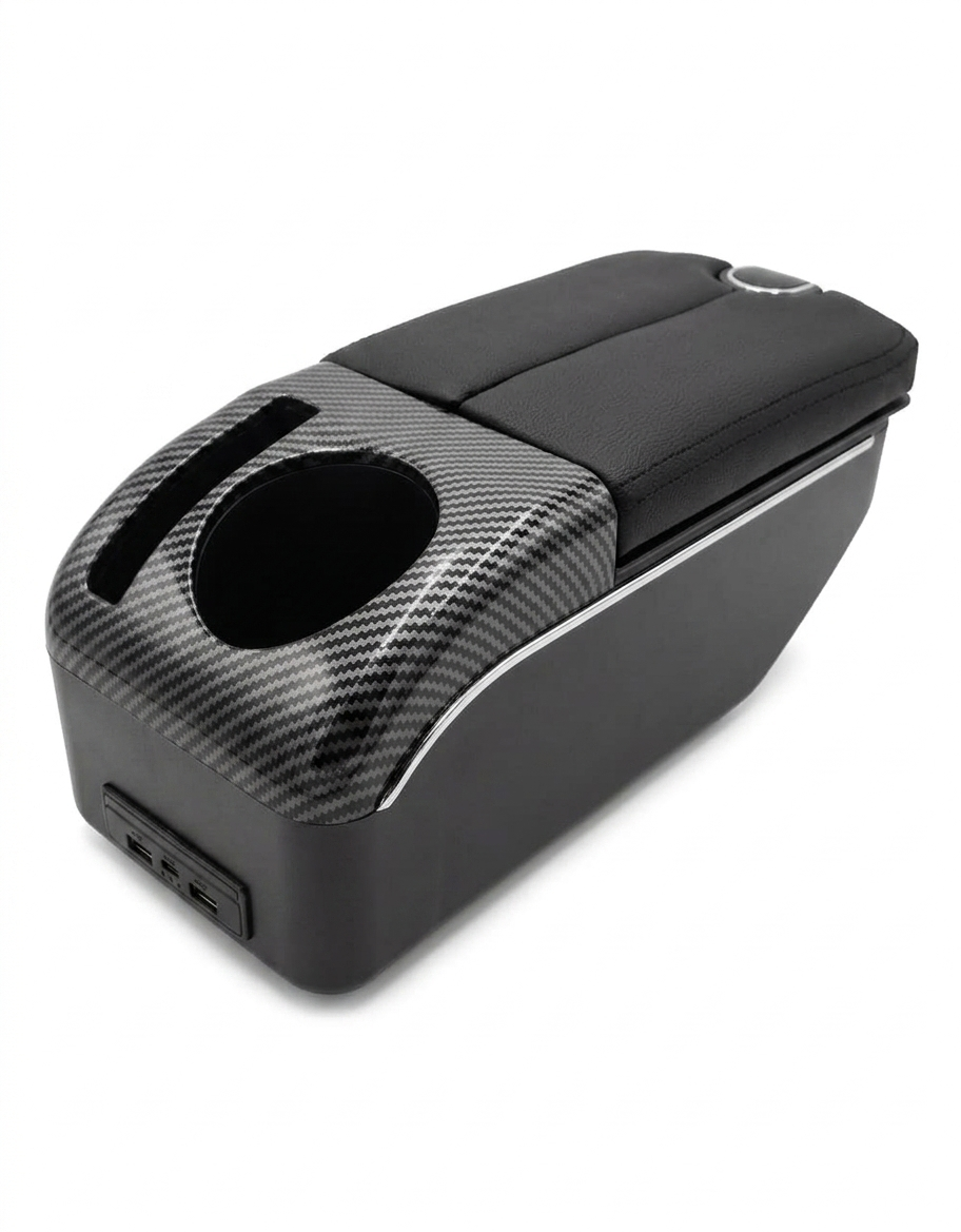 Caja de reposabrazos universal para consola central de automóvil con acabado estilo fibra de carbono