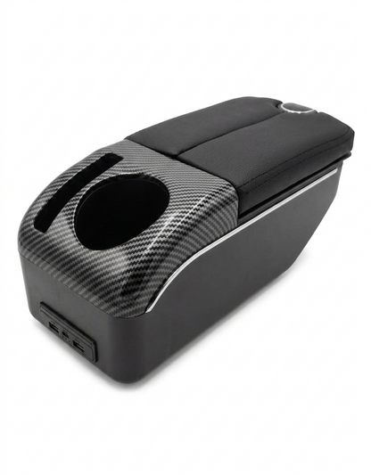 Caja de reposabrazos universal para consola central de automóvil con acabado estilo fibra de carbono