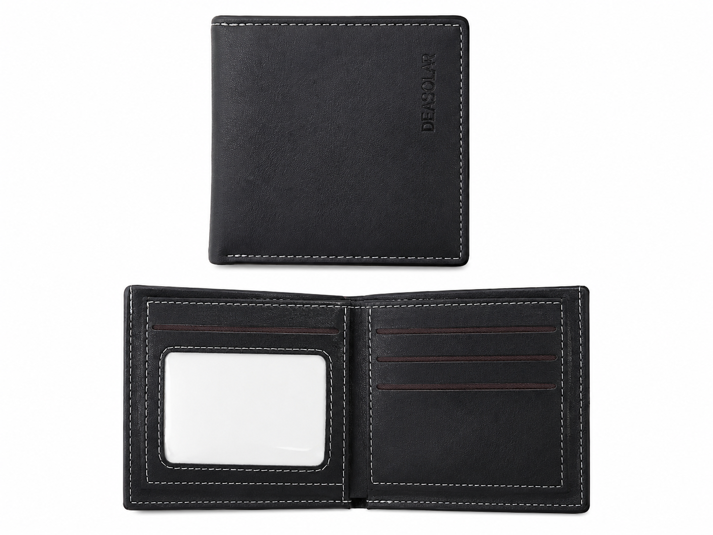 Billetera plegable color negro con compartimentos para tarjetas y ventana para identificación.