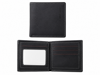 Billetera plegable color negro con compartimentos para tarjetas y ventana para identificación.