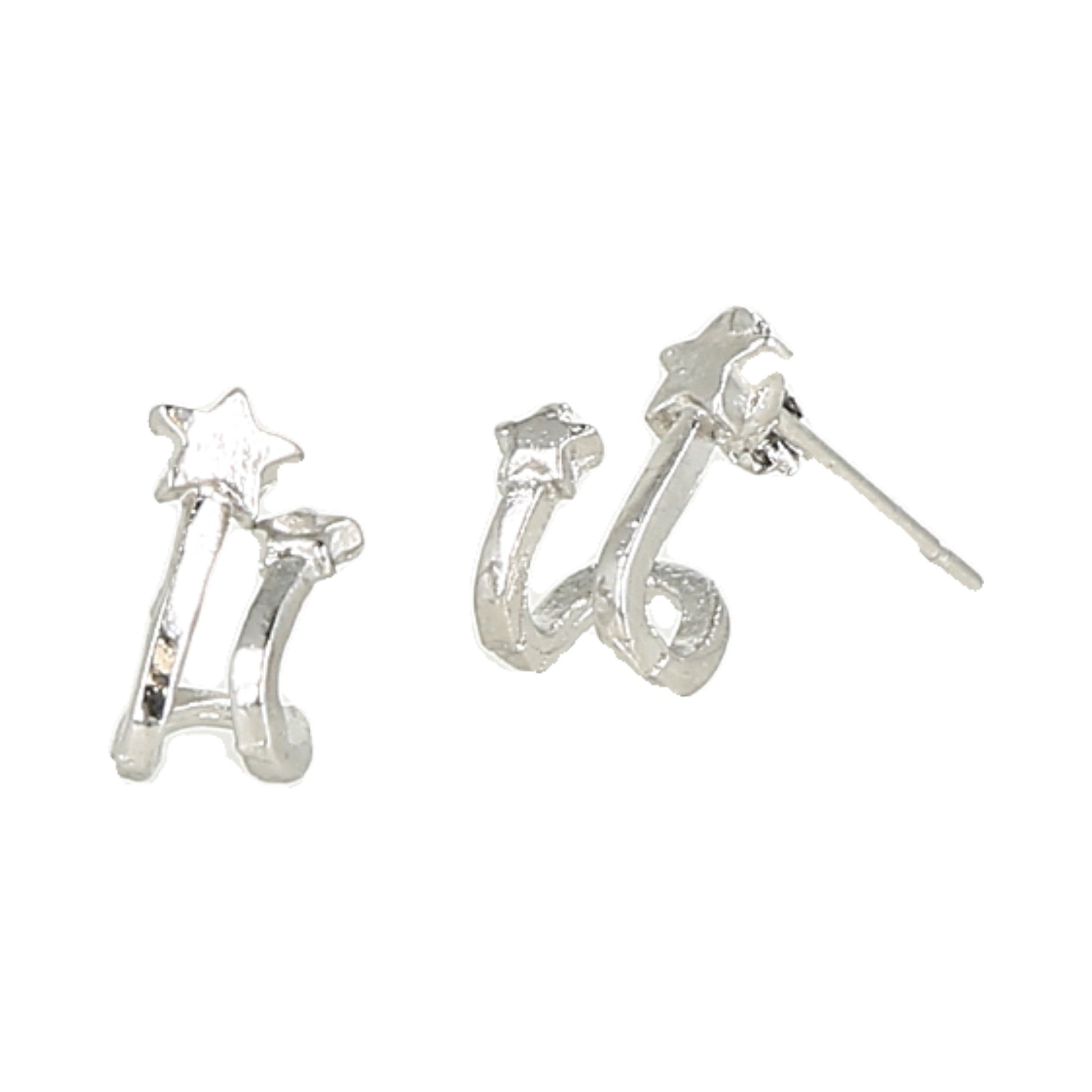 pendientes de tuerca trepadores con diseño de doble estrella color plata.