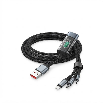 Cable de carga rápida 3 en 1, con conectores USB Tipo C, Lightning y Micro USB.