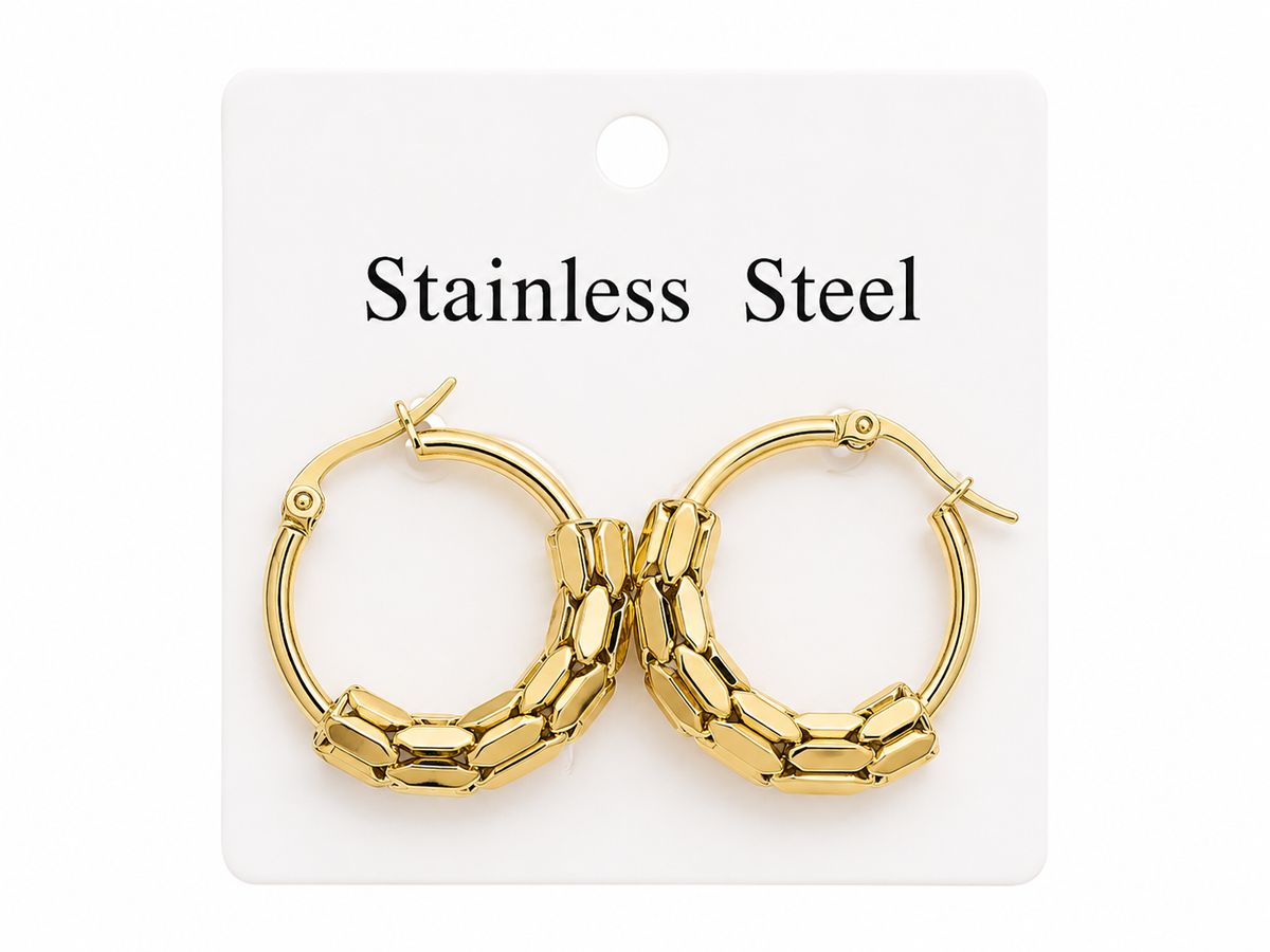 Pendientes de aro geométricos color dorado de acero inoxidable para mujer.
