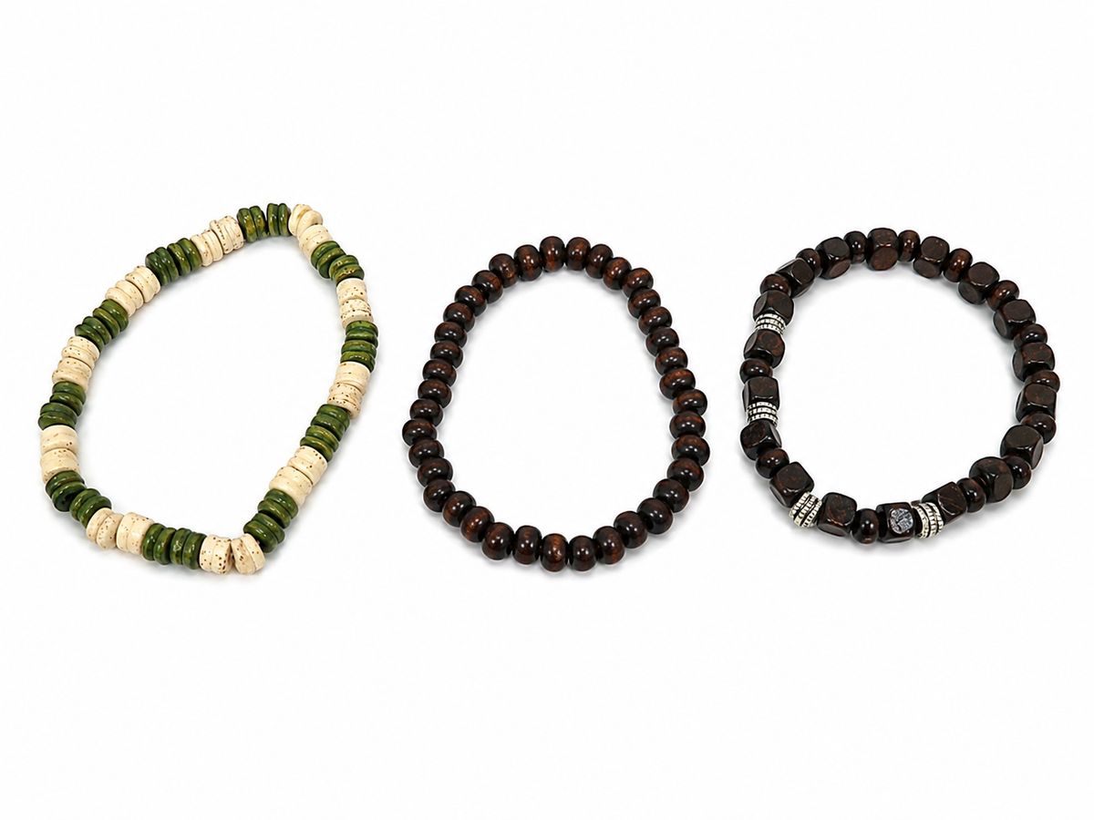 Set de 3 Pulseras Elásticas de Cuentas de Madera en Estilo Natural para Hombre y Mujer.