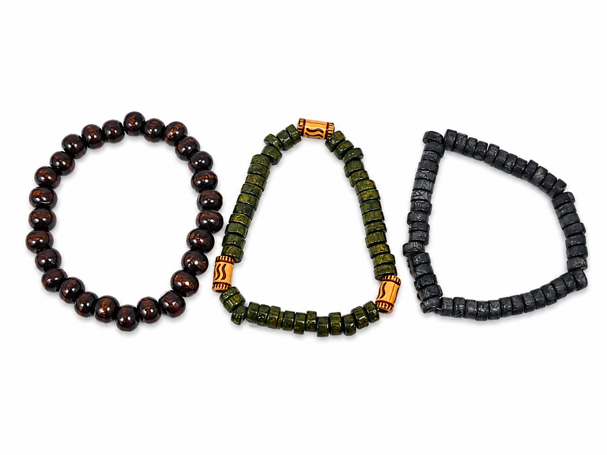 Pulseras elásticas de cuentas de madera estilo bohemio para hombre y mujer, juego de 3 piezas.