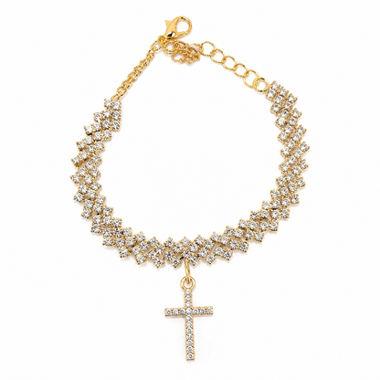 Pulsera de cadena con dije de cruz y cristales brillantes color dorado ajustable.