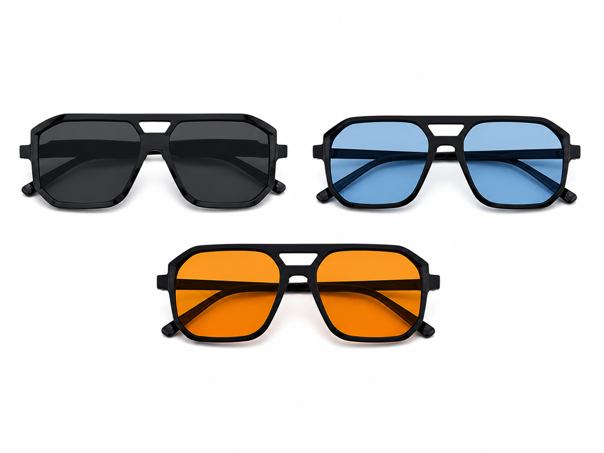 Juego de 3 gafas con montura cuadrada y lentes de diferentes tonalidades.