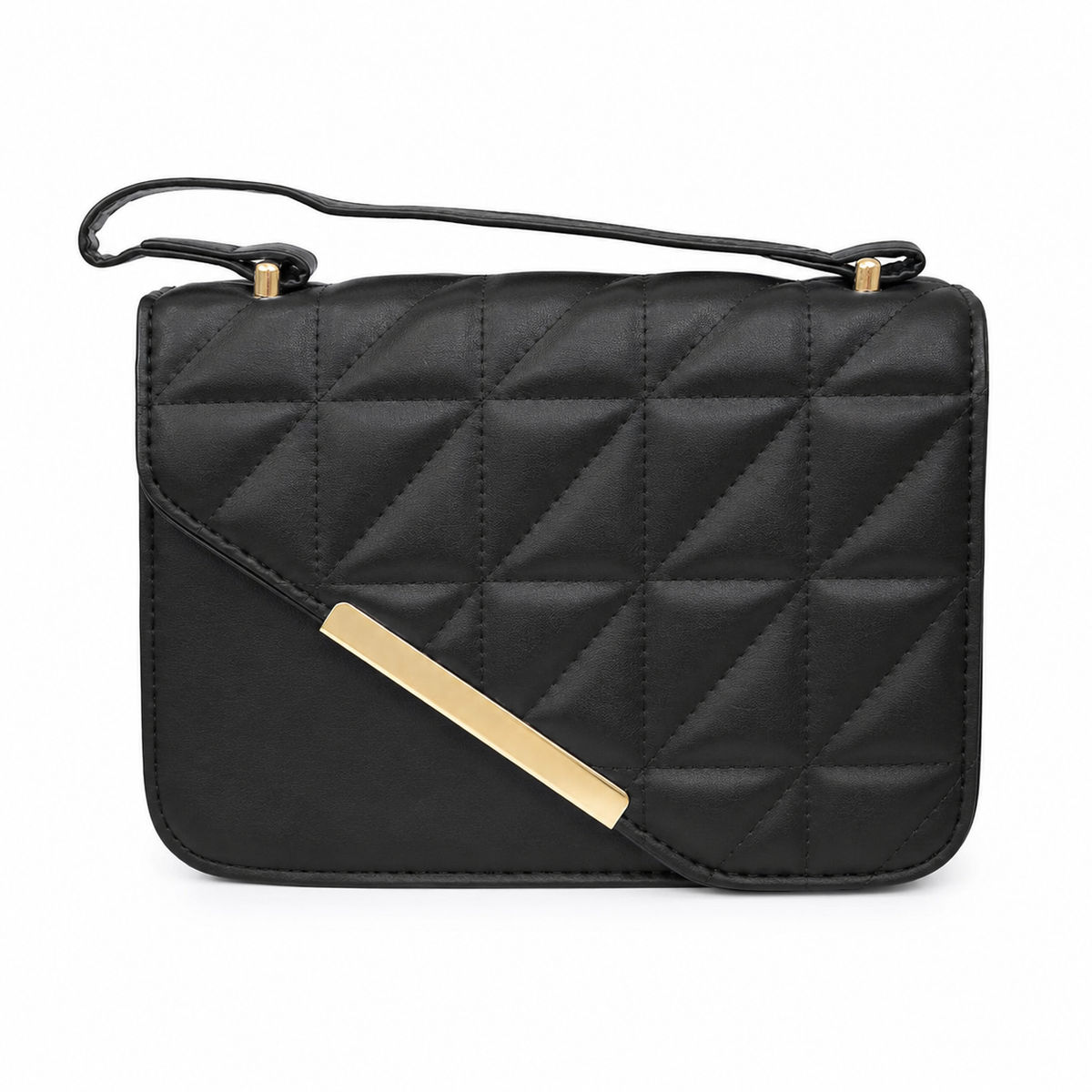 Bolso de Hombro Acolchado Negro con Solapa y Detalle Metálico Dorado.