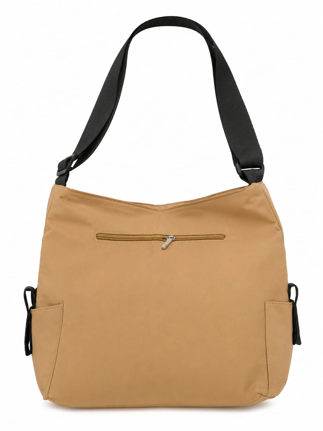 Bolso de hombro color caqui con correa ajustable y bolsillo frontal.